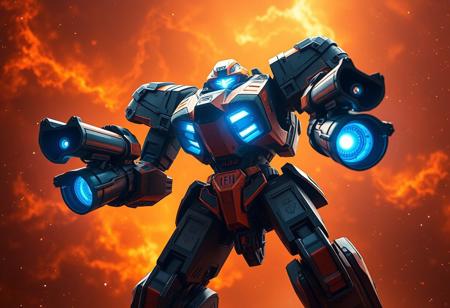 Dynamic action pose of imposing black & orange combat robot wielding dual heavy cannons. Blue chest core casts intense light. Against deep orange nebula with scattered starlight. Ultra-detailed 4K render, Octane, Unreal Engine 5, trending on ArtstationHQ, CGSociety. Exceptional quality, sharp focus, captivating lighting, stunning colors, harmonious. Impeccable cinematic composition, creative angle, Golden Ratio. Contemporary aesthetic, matte painting, Splash Ink style. Isometric perspective. Handcrafted precision, detailed optics.