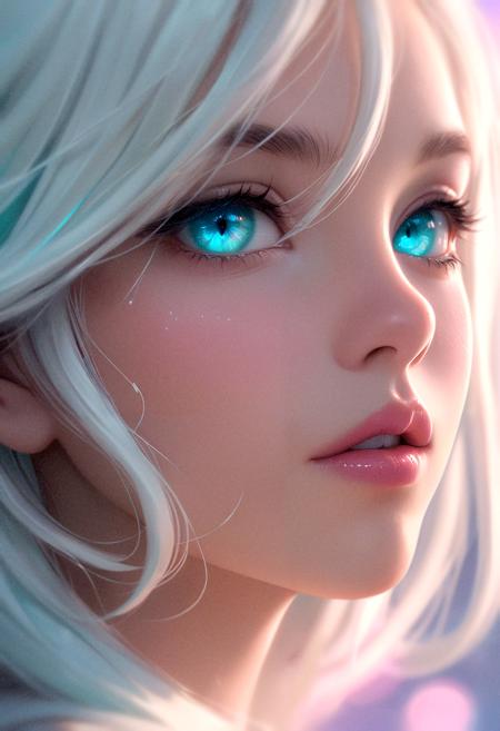 A close-up anime-style portrait of a woman with icy white hair covering one eye, glowing aqua-blue eyes, and glossy pink lips. Her skin is smooth and luminous with a porcelain glow, soft focus depth. Cool ambient lighting, futuristic vibe, ultra polished, pastel tones, bokeh effects, high-res digital art