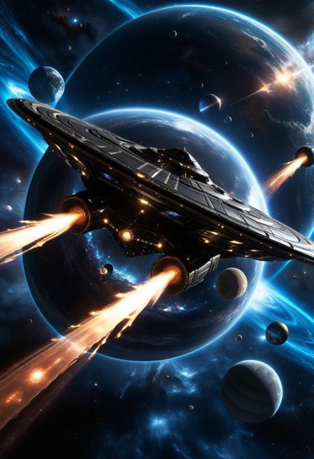 A black veiled spaceship, a fusion of three dark forms, absorbing light, flying through multidimensional space. Surrounded by cosmic magical energy planes, space-time distortions, shattered planets, drifting moons, glowing nebulae. Deep space background, surreal and mysterious atmosphere, high detail, science-fantasy style.