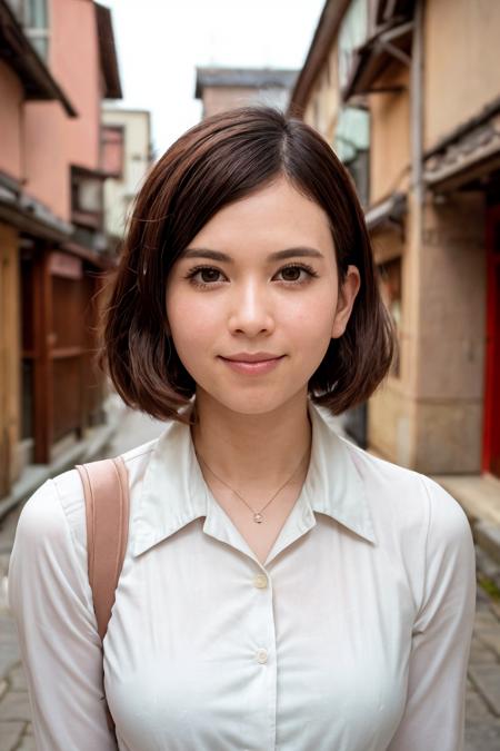 analog film photo solo, realistic, (1girl), (asian) (woman), white skin, milky skin, (((Seductive, A sultry gaze, a slightly parted lips, and a hint of a smile.))), (((black hair, Shag Haircut Hairstyle))), (((Button-up dress, wedge sandals))), (((quiet alleyway, cobblestones, quaint shops, hidden gem))), (((dynamic pose:1.5))),  <lora:ReaLora:.2>  <lora:JPA_-_Rola_Takizawa:1> rolatakizawa . faded film, desaturated, 35mm photo, grainy, vignette, vintage, Kodachrome, Lomography, stained, highly detailed, found footage<lora:PAseer-SD15-LCM Quick:1.0><lora:PAseer-SD15-LCM Quick:1.0>