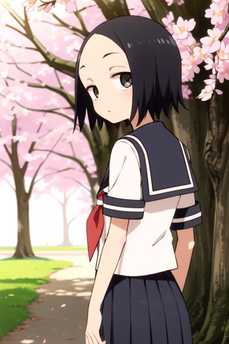 Tsukimoto_sanae, 1girl, solo, black eyes, black hair, short hair, forehead