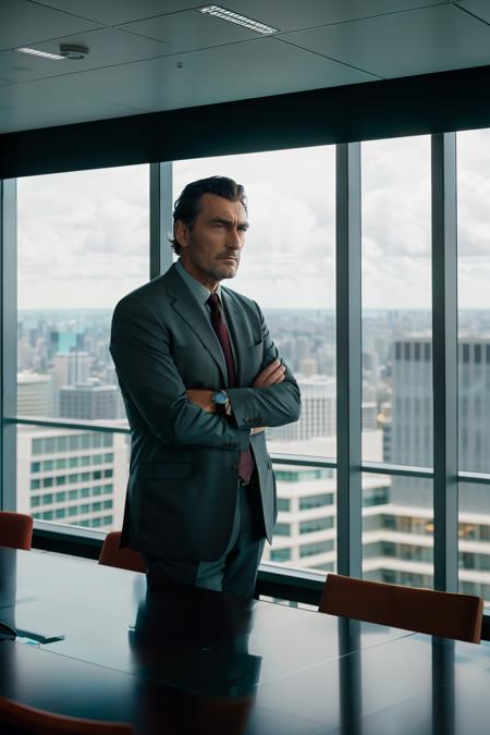 photo of PhilipCipher, a man, attending a board meeting in a conference room with glass windows, skycrapers in the distance, Fujiflim XT3, DSLR, 50mm  <lora:LowRA:0.35>