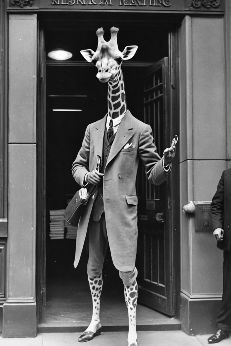 giraffe gangster robbing a bank in 1920's new york city