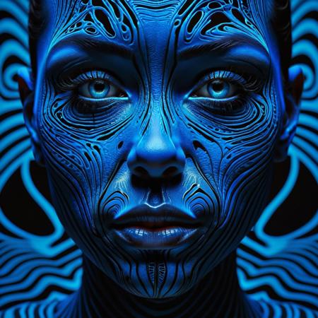 A surreal, close-up portrait of a face covered in intricate, glowing blue lines that form zebra-like stripes across the skin. The lines contour the face, emphasizing the eyes, nose, and lips, while creating a mesmerizing, abstract pattern. The background is pitch black, making the glowing lines and the details of the face stand out vividly. The overall mood is mysterious and otherworldly, with a focus on symmetry and contrast.