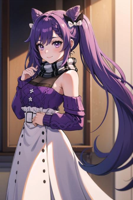 gikeqlr, <lora:wrenchgikeqlr:1>, 1girl, sweater, scarf, long skirt, twintails, purple hair, purple eyes, light smile, bodystocking,