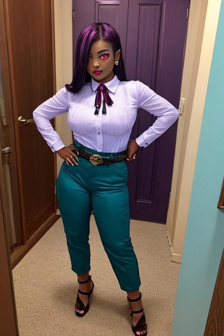 PSEStheno, makeup, magenta_eyeshadow, hair_over_one_eye, yellow_eyes, slit_pupil, purple_hair, SthenoPoshOutfit, red_gem_brooch, white_collared_shirt, teal_neck_ribbon, teal_pants, black_belt, big_gold_belt_buckle, jewelry, long_sleeves, heeled sandals, sandals, full body, standing, solo
