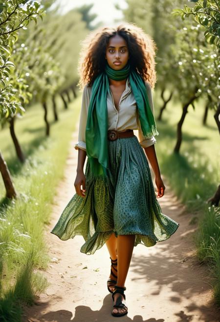 realistic, photorealistic, award winning analog photograph of a short very pretty somali woman, round head, green eyes, playful, sensual expression, wearing only (leather sandals:1.3) and a silk scarf (tied on neck:1.3) walking through a (sunlit:1.4) apple grove.
She is chubby-curvy, She has curly long hair