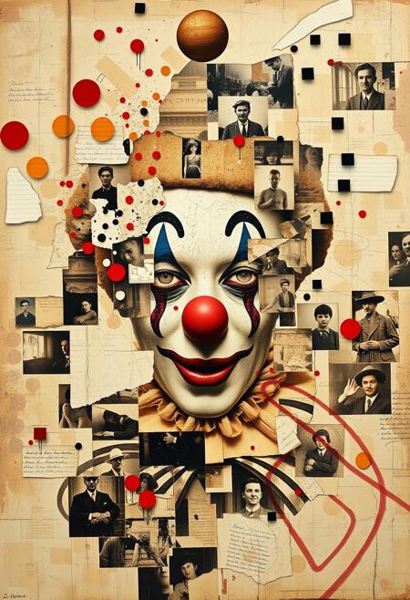 Outsider art. A surreal and deconstructed mixed-media collage in the style of Jacques Prévert with an urgent sense of chaos and energy. An analogue collage artwork blending fragmented styles, layers and textures. 
A vintage sepia photograph of 1920s American travelling carnival clown.
Layered over this obscuring the image are multiple fragmented and overlapping layers of chaotic thick paint, splatters of paint, palette knife oil paint, handwritten scrawled text messages, torn photographs and broken distorted vintage photographs filling the canvas. 
Layers of repetition of brightly coloured dots in Yayoi Kusama style. Fragmented scribbles and abstract graffiti images in Jean-Michel Basquiat style over the top. This hides sections of the image below. Outlines roughly redrawn in black. The overall effect is manic and anarchic with an urgent sense of energy.