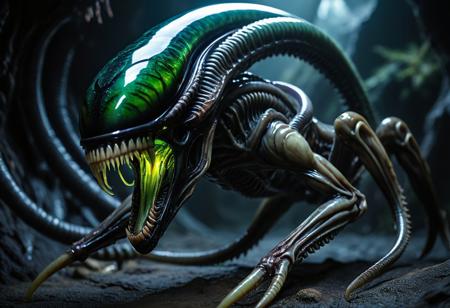 hyper-realistic, photo-realistic, cinematic, a highly detailed image of a fantasy hybrid creature that combines the spherical body of a Beholder and the sleek, elongated features of an Alien (Xenomorph). The creature has a large, glossy black spherical body with iridescent green and purple scales that shimmer in the light. Its central eye is enormous and menacing, glowing a vivid crimson, surrounded by intricate, pulsating veins.
Emerging from the top of the sphere are several long, sinuous tendrils resembling the elongated heads of Xenomorphs, each ending in a smaller eye that varies in color from icy blue to sickly yellow. These tendrils are articulated, giving them a dynamic, predatory appearance.
The creature's mouth is wide and filled with sharp, serrated teeth, reminiscent of both species, dripping with viscous saliva. Its skin has a slick, almost wet appearance, reflecting the dim light of its surroundings. 
Set the creature in a dark, eerie environment, possibly a shadowy alien landscape or a cavernous dungeon, with faint glimmers of bioluminescent plants or crystals illuminating the scene. The atmosphere should be tense and foreboding, capturing the essence of this terrifying hybrid monstrosity
