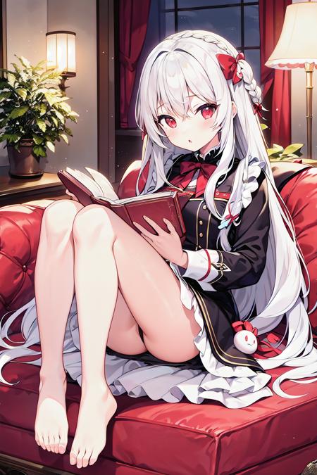 1girl, barefoot, bare legs, solo, indoors, feet, toes, plant, long hair, bangs, legs, sitting, long sleeves, looking at viewer, lamp, white hair, full body, potted plant, pillow, dress, braid, belt, red eyes, parted lips, hair ornament, book, ribbon, holding, pink eyes, red ribbon, couch, chair
,ctstyle,
 <lyco:MushroomStyle_v1:1>