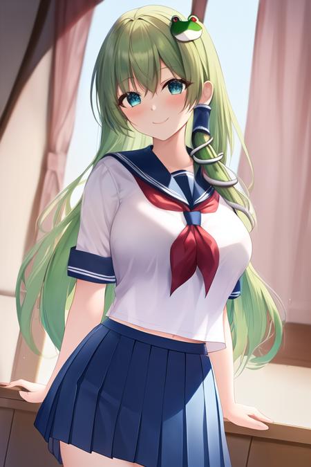 masterpiece, best quality, highres, solo, {kochiya_sanae_touhou:1.10}, green_hair, long_hair, hair_ornament, frog_hair_ornament, snake_hair_ornament, hair_tubes, breasts, blush, bangs, smile, green_eyes, large_breasts, blue_eyes, 1girl, alternate_costume, school_uniform, serafuku, looking_at_viewer, neckerchief, pleated_skirt, skirt, sailor_collar, short_sleeves, blue_skirt