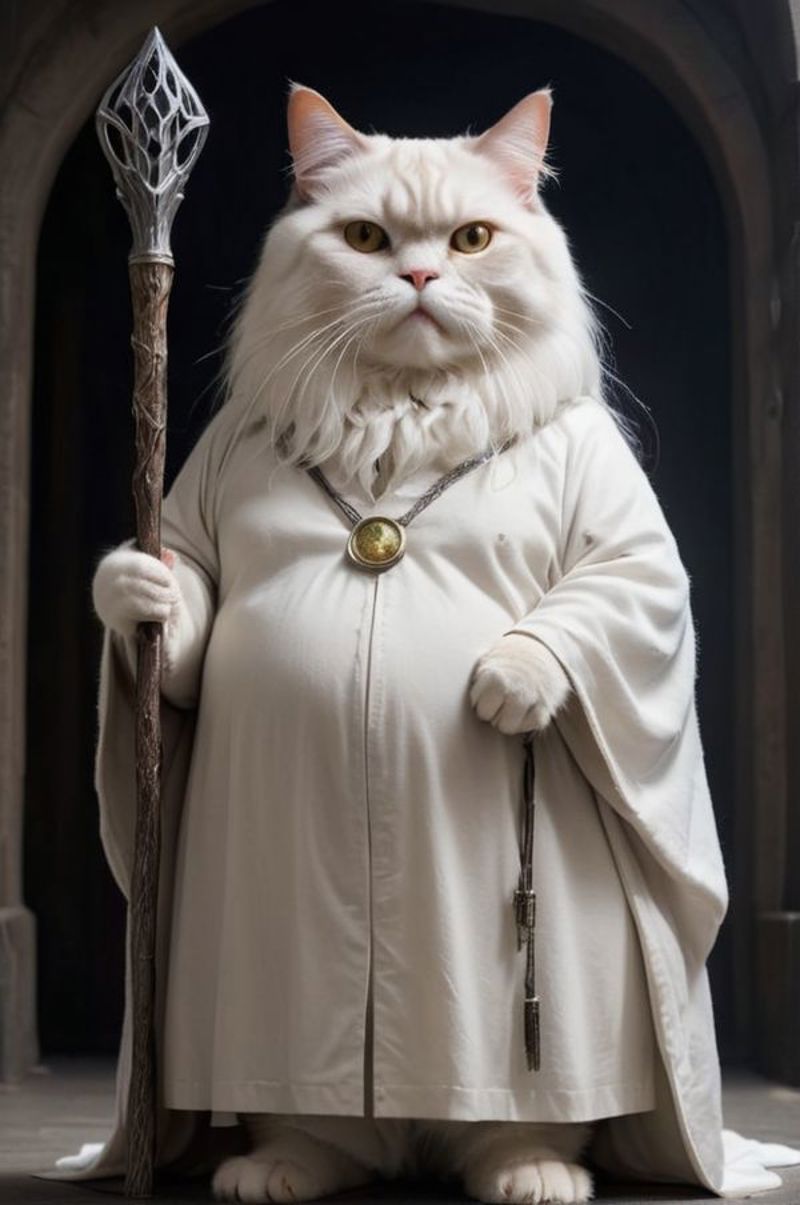 Cat dressed up as a wizard in a white robe.
