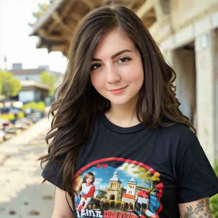 RAW photo, a close up portrait photo of bnans, <lora:bnans_02_512_313samples:1>, in t-shirt, brunette hair, short haircut, pale skin, slim body, background is city ruins, (high detailed skin:1.2), 8k uhd, dslr, soft lighting, high quality, film grain, Fujifilm XT3, (smiling:0.5)