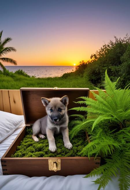 Czech wolf dog puppy with dragon features, 
licking its paw inside a wooden box, 
under Caribbean sunset hues, 
Ikea Hemnes furniture in stark white, 
palm tree shadows on walls, 
couple on bed, 
digital world immersive, 
Langensteinbach summer night ambiance, 
ghost ships with sea creatures in vibrant mossy hues, 
dense bush concealment, 
aerial drone footage, 
sharp contrasts of shadow and light, 
high-tension atmosphere