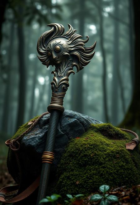 A hyper-realistic portrait, photorealistic photo close-up image of a magical bronze sculpture of a gpu graphics card headed staff gleaming with magic power leaning against a moss-covered stone in a dense, misty forest. the mage staff is weathered, with worn leather and gold on the handle, but gleams with a fierce history. Ultra sharp detail, flawless composition, muted natural colors, High Definition HD, ancient warrior aesthetic, cinematic lighting, perfect outdoor realism, bokeh.(photography, high-resolution, dynamic, energetic, hyper-realistic, dramatic lighting, shallow depth of field.),