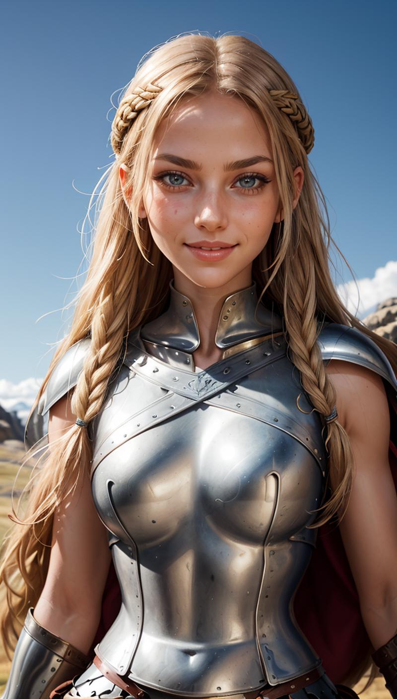 A woman in a silver armor with braids and blue eyes.