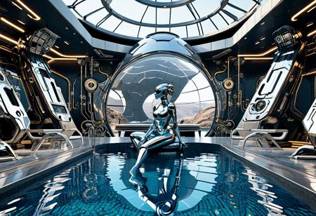 ultra-wide shot, split-diopter effect, sense of incredible breadth and scale, captivating. In foreground, beautiful metallic android woman, shiny metallic silvery skin [atomic heart style, sorayama style], she is seated on the edge of a raised tiled pool. In the background, indoors, inside a space settlement, [possibly a standford torus] with a unique interior layout, grotto-esque, cascading circular sized biomimetic pools terraced diagonally down from the ceiling, [liminal poolroom vibe], with hints of technological capabilities that would seem like magic to us. cinematic lighting, UHD, insaneres, absurdres, eye-catching details, tech-noir, futuristic, cyberpunk, biomod, scifi, hyper-detailed, hyperreal