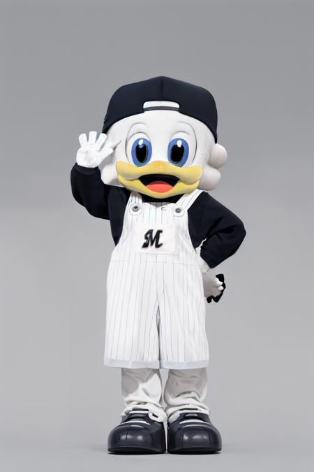 zu-chan, baseball cap, mascot, male focus, 1boy, blue eyes, open mouth, sportswear, backwards hat, full body, overalls