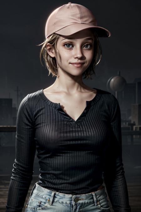 (masterpiece, best quality)
LauraTheQuarry, solo, looking at viewer, smile, short hair, shirt, long sleeves, hat, collarbone, upper body, striped, mole, black eyes, hand on hip, black shirt, baseball cap, striped shirt, realistic, dark
<lora:epi_noiseoffset2:1>  <lora:add_detail:0.7>   <lora:LauraTheQuarry:0.8>