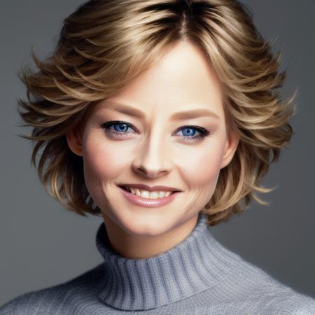 closeup picture, best quality, a  sexy 30yo beautiful JFO<lora:JFO:1.0>, short hair, blonde hair, blue eyes, looking at viewer, smile, simple background, grey background, turtle neck sweater, realistic, portrait, makeup, 8k, hdr