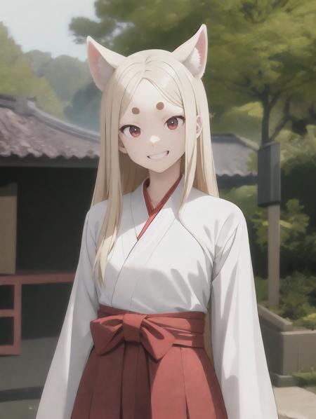 best quality, megami magazine, anime keyvisual, official wallpaper, shrine, upper body,  face focus, outdoors, east asian architecture, 
(miko:1.2), red hakama, red eyes, fox ears, platinum blonde hair, long hair, fox tail, standing, looking at viewer, naughty face, grin, perfect hands, paw pose, maro_eyebrows, forehead, 
<lora:fineline-v2:1> <lyco:envybetterhandsLocon_beta2:1.0>  <lora:flat2:-0.5> <lora:flatBG:1>  <lora:maromayu_22222_8:3> <lora:LECO_LessWakiMiko:1>