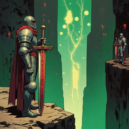 A retro anime-style illustration of a lone, armored knight standing at the edge of a vast, glowing chasm. The knight’s face is hidden behind a cracked helmet, and they hold a massive, rune-covered sword that hums faintly with light. The chasm below glows an eerie green, with ghostly figures swirling in its depths. Ancient carvings on the rocks suggest the pit has been guarded for centuries, but the knight seems unsure whether to fight or flee.