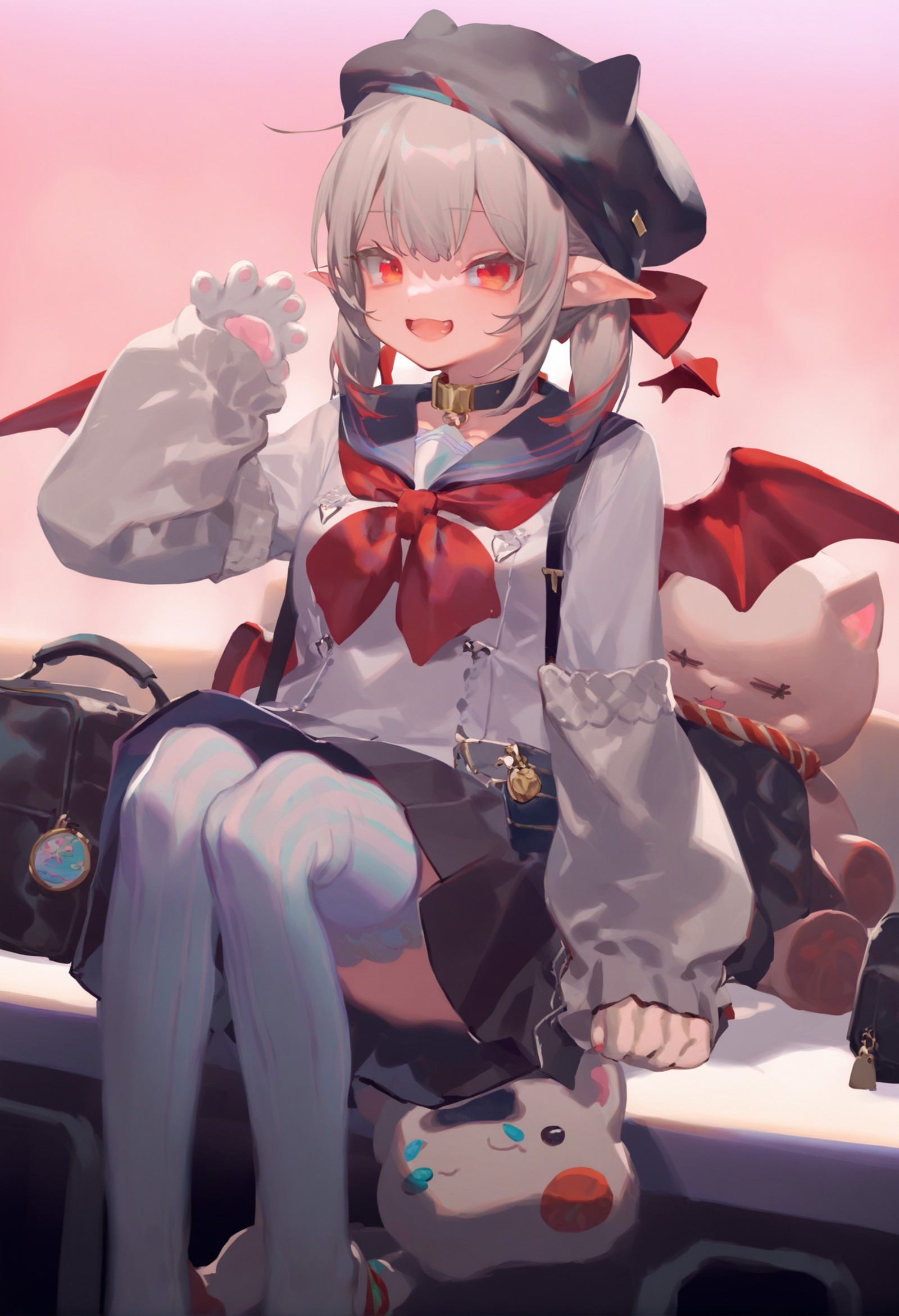 masterpiece, best quality, makaino ririmu, 1girl, virtual youtuber, solo, red eyes, wings, pointy ears, striped, grey hair...
