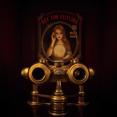 A coin operated brass binoculars in closed dark room with sign decorated with image of a female oracle holding crystal ball and text "SEE THE FUTURE" and "10 BUZZ PER VIEW". Vintage look, mysterious light