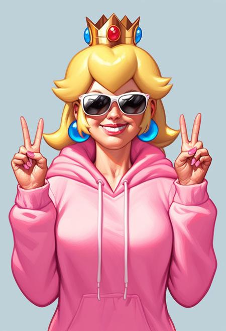 score_9, score_8_up, score_7_up, score_6_up, BREAK princess peach,hoodie,crown,sunglasses,smile,double v  
PONYXL_AlexRoss_ComicArt_ownwaifu