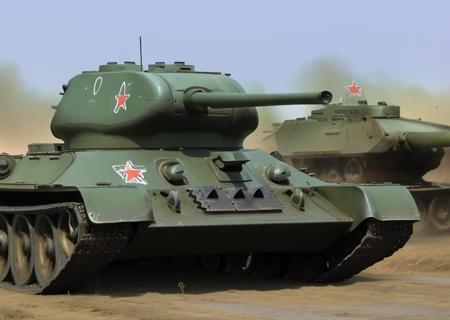 The T-34, one of the most famous Soviet tanks from World War II, thrives in the heat of battle. Its massive hull structure and armor provide protection from enemy shots, allowing it to break through lines of defense. The powerful T-34 gun, accompanied by mobility, ensures effective defeat of the enemy. The tank demonstrates excellent maneuverability and superiority on the battlefield, making it an important element of Soviet military power. Looking ahead, the majestic T-34 continues to show its strength and impenetrability in the hot atmosphere of battle, ((t-34)) <lora:t-34:0.8>