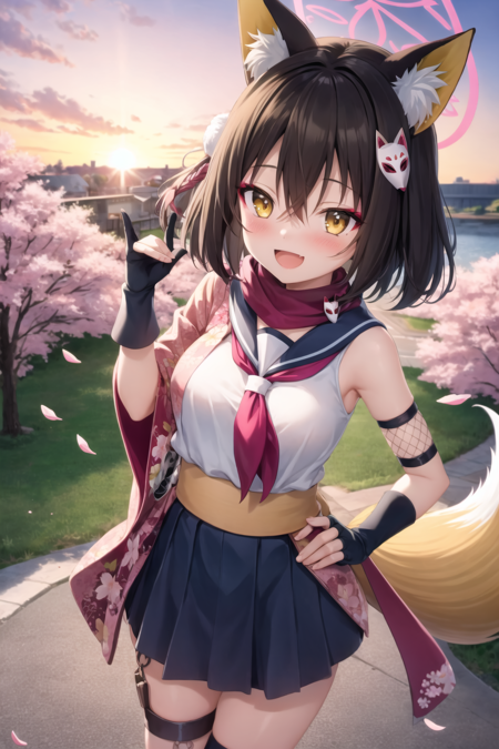 <lora:Izuna-10:1>
1girl, izuna, short hair, fox ears, halo
serafuku, sailor collar, sleeveless, skirt, scarf, floral print, fishnets, single thighhigh, hair ornament
hand on hip, partially fingerless gloves, :d, blush, outdoors, thighs, standing, sunset, cherry blossoms, falling petals,from above, waving