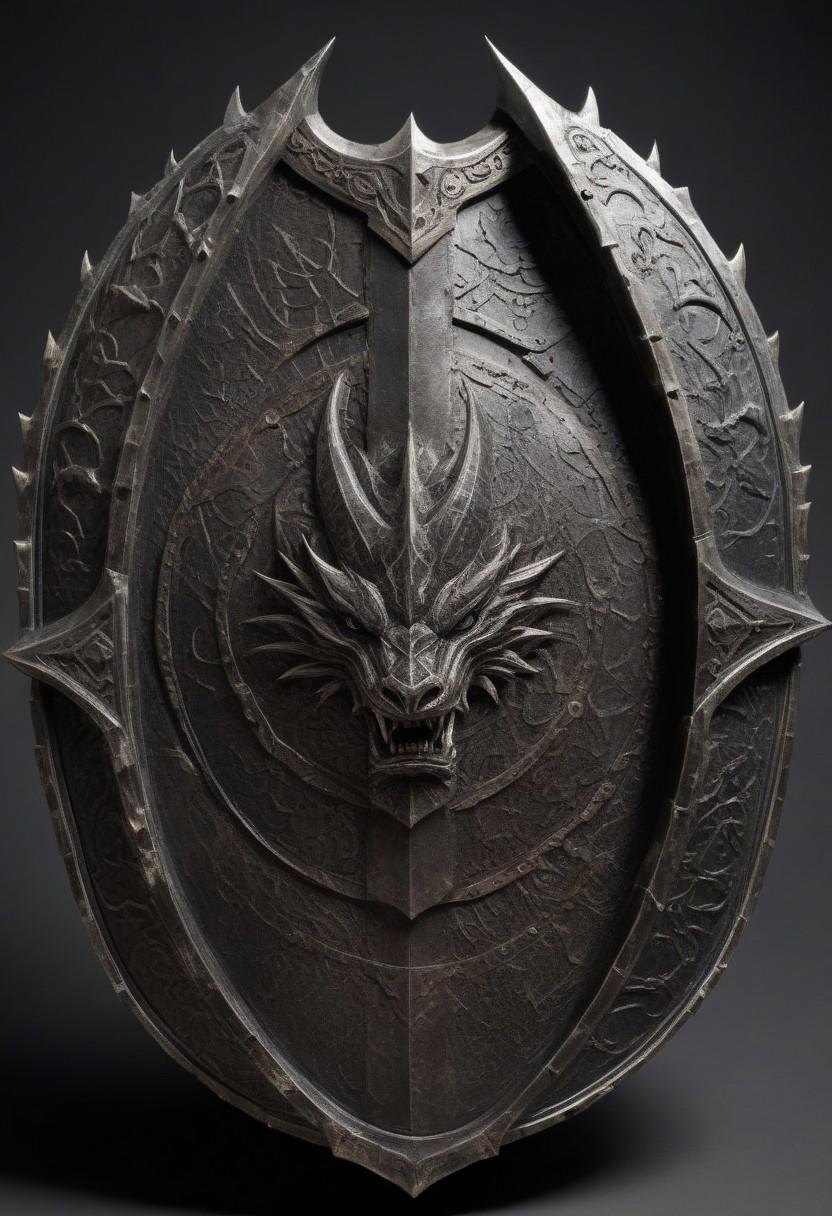 A large dragon scale crafted into a shield for a mighty warrior. The scale has a rough, metallic surface with a deep, dark hue, possibly black or dark gray, and faint iridescent patterns running through it. The edges of the shield are reinforced with silver or steel, and intricate engravings of ancient symbols are etched into the metal frame. The shield has a rugged, battle-worn appearance, with a few scratches and dents, showing it has been through many fights. It is massive, almost as tall as the warrior who wields it, and exudes a sense of power and resilience.