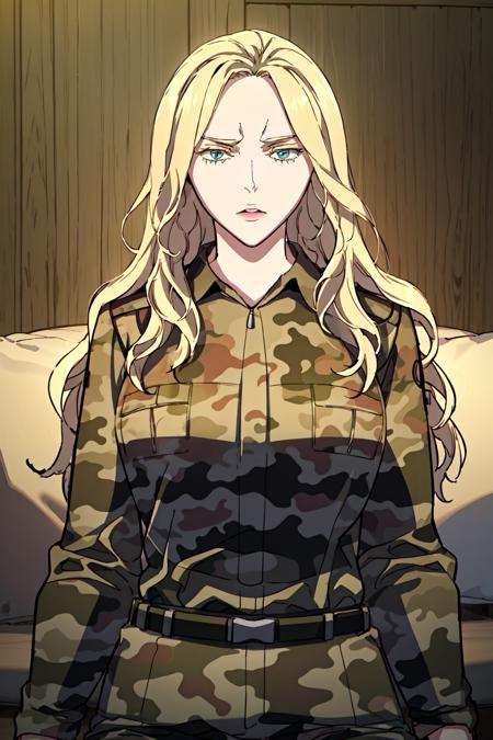 masterpiece, best quality, absurdres, perfect anatomy, beautiful background, beautiful face, beautiful eyes, beautiful body, upper body,  Lying with one leg bent at the knee, alice_forest, 1girl, solo, long hair, blue eyes, blonde hair, long sleeves, jacket, belt, pants, uniform, military, military uniform, wavy hair, camouflage, camouflage jacket, camouflage pants, <lora:Alice_Forest:0.85>