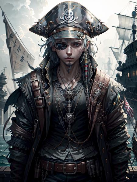 <lora:CyberpunkStyleV3-000009:.9> PunkAI pirate, boat, fog, shiny skin, shiny clothes, shiny, shiny hair, hat