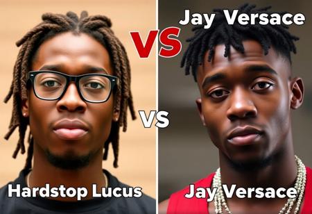 Hardstop Lucas vs Jay Versace: Hardstop is 19 year old black guy with dreadlocks and glasses on the left, text VS in the middle, Jay Versace is 18 year old guy with short curly hair big nostrils and short chin on the right, Text "Hardstop Lucas" on the Left, Text "Jay Versace" on the Right