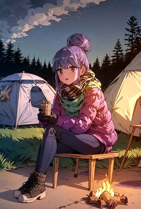 (illustration:1.0), masterpiece, best quality, ultra-detailed, illustration, <lora:ShimaRin:1>, blue hair, bangs, topknot hair bun, detailed purple eyes, winter clothes, scarf, sitting on a camp chair, tent, detailed grass, campfire in front, night, jeans, trees, sticks, pine cones, gloves, stars (sky), dirt,