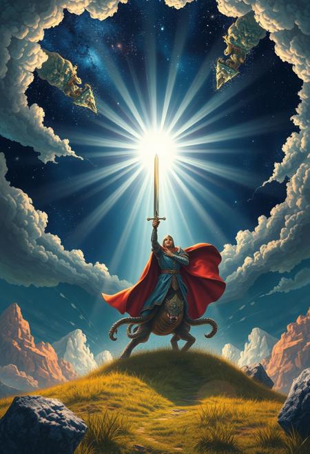 A radiant knight descends from the heavens, slaying a foolish monster with his sword. The earth rejoices, and the night sky bestows its blessings.