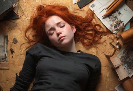 RAW Studio, (shot from above:0.7) dutch angle Photograph, reclining pose of A sad emotional redhead Girl, visual representation of hiding depression behind a fake smile,  wearing jeans and a black tee shirt, hyperdetailed texture, in the style of realism, photograph taken with provia, emotional and dramatic scenes, Kriengin, Brandon Wolfel, sharp focus, style of Jay Anacleto, Esao Andrews, complex background, Beautiful, Cinematic, Masterpiece, Cinematic film, hyper detailed vivid background, hyperreal digital illustration, masterpiece influenced by the styles of Anders Zorn and Pino Daeni, Aleksi Briclot, Jose Royo, Boris Vallejo, Julie Bell, Carne Griffiths and Brian Froud, Buck Brown, Russ Mills, Sakimichan, Wlop, Loish, Artgerm, Darek Zabrocki, Takato Yamamoto and Jean-Baptiste Monge, ng_deepnegative_v1_75t, negative_hand,