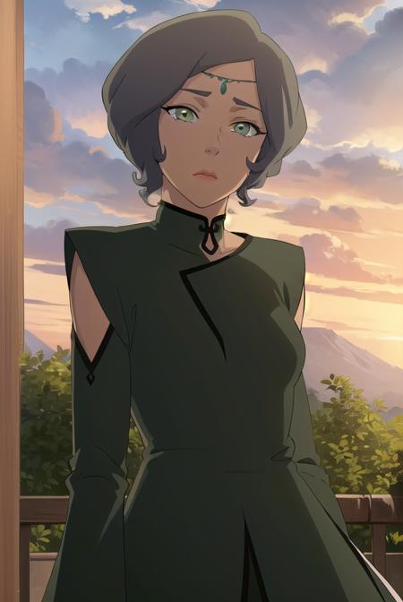 avatarsuyin, <lora:avatar suyin-lora-nochekaiser:1>,
suyin, short hair, grey hair, (green eyes:1.5), dark skin, dark-skinned female,
BREAK robe, long sleeves, dress, black dress,
BREAK outdoors, forest, nature, grass, trees, sun, sky, clouds,
BREAK looking at viewer, (cowboy shot:1.5),
BREAK <lyco:GoodHands-beta2:1>, (masterpiece:1.2), best quality, high resolution, unity 8k wallpaper, (illustration:0.8), (beautiful detailed eyes:1.6), extremely detailed face, perfect lighting, extremely detailed CG, (perfect hands, perfect anatomy),