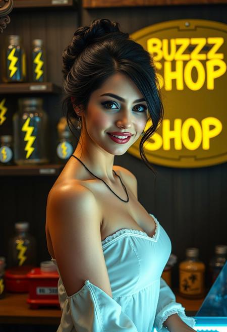 hyper realistic, A captivating, stunning, and highly detailed 8K UHD photo of a beautiful woman which is adorned with intricate details. The woman's stunning appearance showcases her striking sensuality. Black hair, hair updo, brown eyes. welcoming smile.
working at a shop, standing sensually behind the desk, a yellow sign in background with the text: "BUZZ SHOP".
Magical jars with cartoon yellow/blue lightning bolts on shelves in the background.
