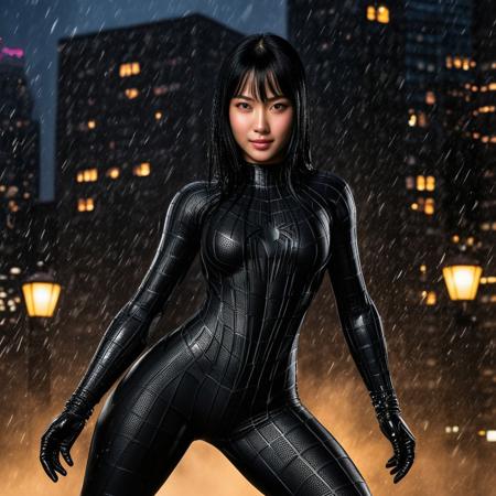score_9, score_8_up, score_7_up, best quality, realistic, masterpiece, beautiful detail, hyperrealistic, ((1girl, woman body, large breast)), amazing detailed full body of a cute japanese girl, cute face, wearing a realistic and highly detailed black raimi spider-man suit, ((defined muscular girl)), professional model wears ultra - detailed black raimi spider - man suit, ultra - detailed and grained black raimi spiderman suit, suit covered entire body and hand, black spiderman gloves, wet, (black hair, attraction, light smile), octane render, highly detailed, volumetric, dramatic lighting, (highest quality:1.1), (HDR:1.3), (top quality, best quality), realistic, high definition,
