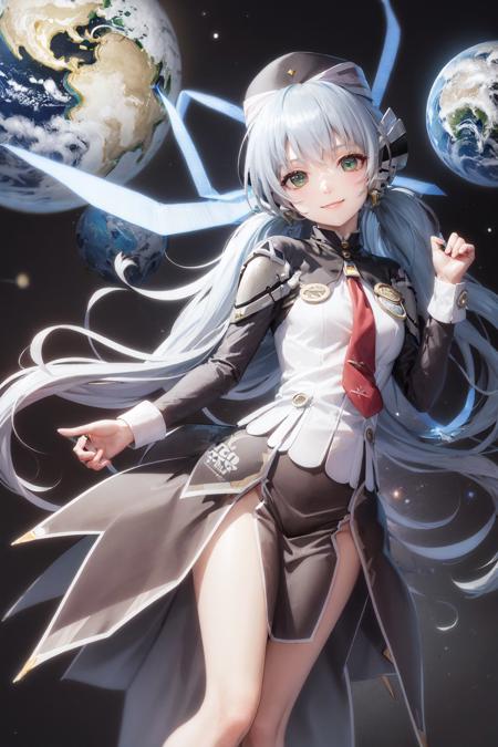 (masterpiece, best quality:1.2), <lora:planetarian_hoshino-12:1>, solo, 1girl, hoshino yumemi, smile, looking at viewer, twintails, hat, dress, red necktie, long sleeves, skirt, outer space, earth \(planet\)