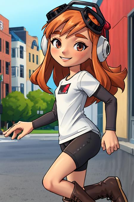 masterpiece, best quality, meggy, headphones, goggles on head, white shirt, layered sleeves, spandex shorts, brown boots, running, from side, looking at viewer, smile, city street <lora:meggy-nvwls-v2-000010:0.9>