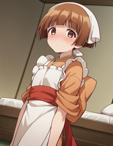 <lora:chitose-nakai--s1-ponyxl-lora-nochekaiser:1>, nakai chitose, short hair, brown hair, brown eyes, bangs, blunt bangs, japanese clothes, kimono, apron, head scarf,