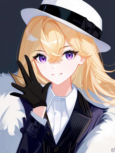 <lora:dan:1>,masterpiece, solo, close up, [sho lwlw], 1boy, 1girl, virtual youtuber, portrait, male focus, upper body, looking at viewer, smile, purple eyes, hair over one eye, eyelashes, blonde hair, medium hair, bangs, black gloves, collared shirt, fur-trimmed coat, black shirt, white headwear, fedora, hand up