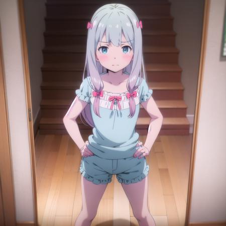 best quality, (masterpiece:1.2), highly detailed, indoors, wooden floor, stairs, anime style,
1girl, solo, <lora:chara_Eromanga-sensei_Sagiri_v1:0.8>, sagiri, closed mouth, blush, standing, from front, looking at the viewer,
grey hair, long hair, multicolored hair, blue eyes, pink bow, pink ribbon, blue shirt, blue shorts, short sleeves, frills, hands on hips