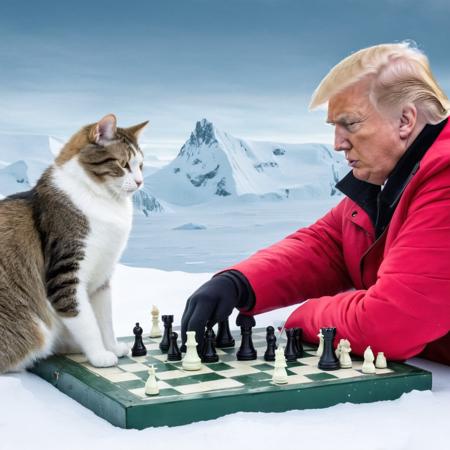 president trump playing chess with cat in the north pole, so much cucumber <lora:lcm15:1.0><lora:lcm15:1.0>