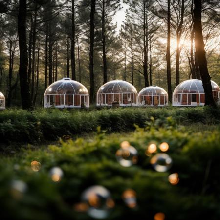 cinematic film still a group of bubble houses in the woods,(Archilab:1) . shallow depth of field, vignette, highly detailed, high budget, bokeh, cinemascope, moody, epic, gorgeous, film grain, grainy