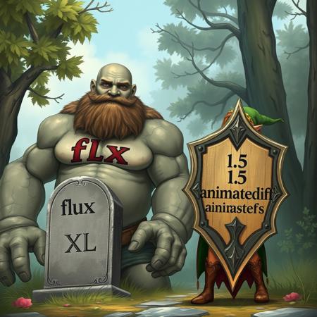 a bearded stone giant with "flux" written on its chest stands next to a tombstone  that reads "XL", an elf woman holds a medieval shield with text that reads "1.5 animatediff"