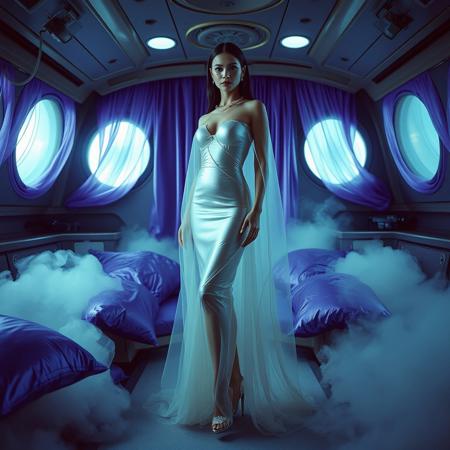 A poised and elegant slender lady, locked  in a sleek, floor-length transparent slime dress, full skirt made of a  giant glossy transparent jellyfish, complete with crystal-encrusted high heels, transparent slime cloak, is situated within a spaceship boudoir cabin, surrounded by weird foil purple pillows, fog from the floor, horror, soace, aliens, slime curtains, encased, entrapped Cinematic film still, shot on v-raptor XL, film grain, vignette, color graded, post-processed, cinematic lighting, 35mm film, live-action, best quality, atmospheric, a masterpiece, epic, stunning, dramatic